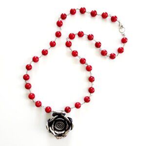 RED CORAL NECKLACE W/ ROSE PENDANT--24"